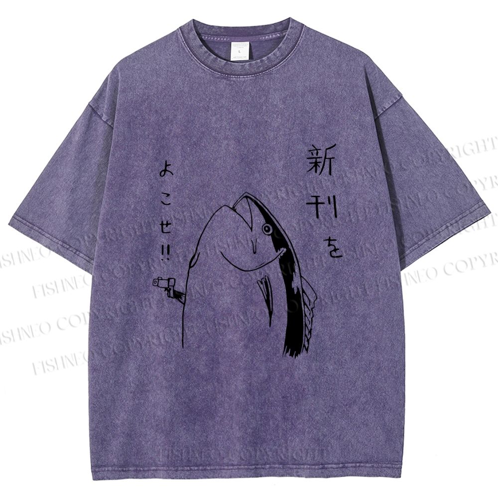 Unisex Vintage Japanese Funny Fish Shooting Printed Washed Tee