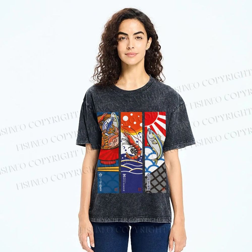 Unisex Vintage Fish Lobster Crab In A Bowl Printed Washed Tee
