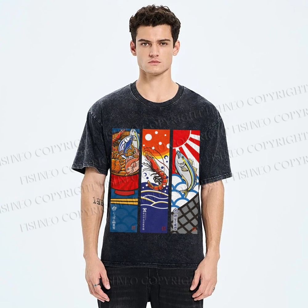 Unisex Vintage Fish Lobster Crab In A Bowl Printed Washed Tee