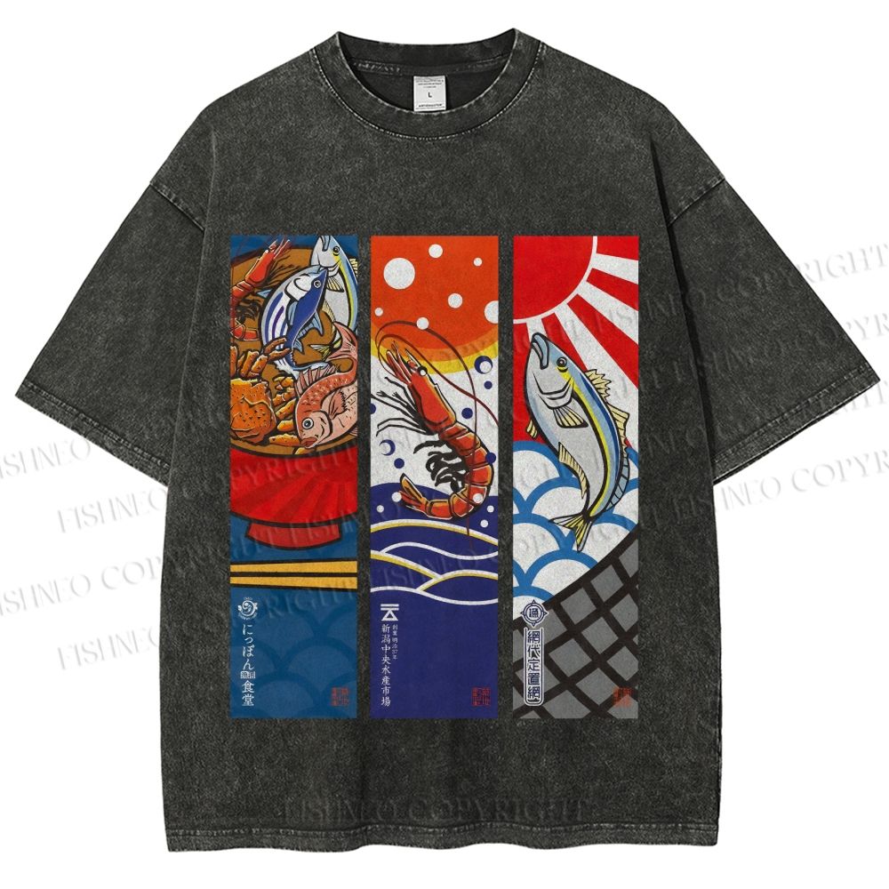 Unisex Vintage Fish Lobster Crab In A Bowl Printed Washed Tee