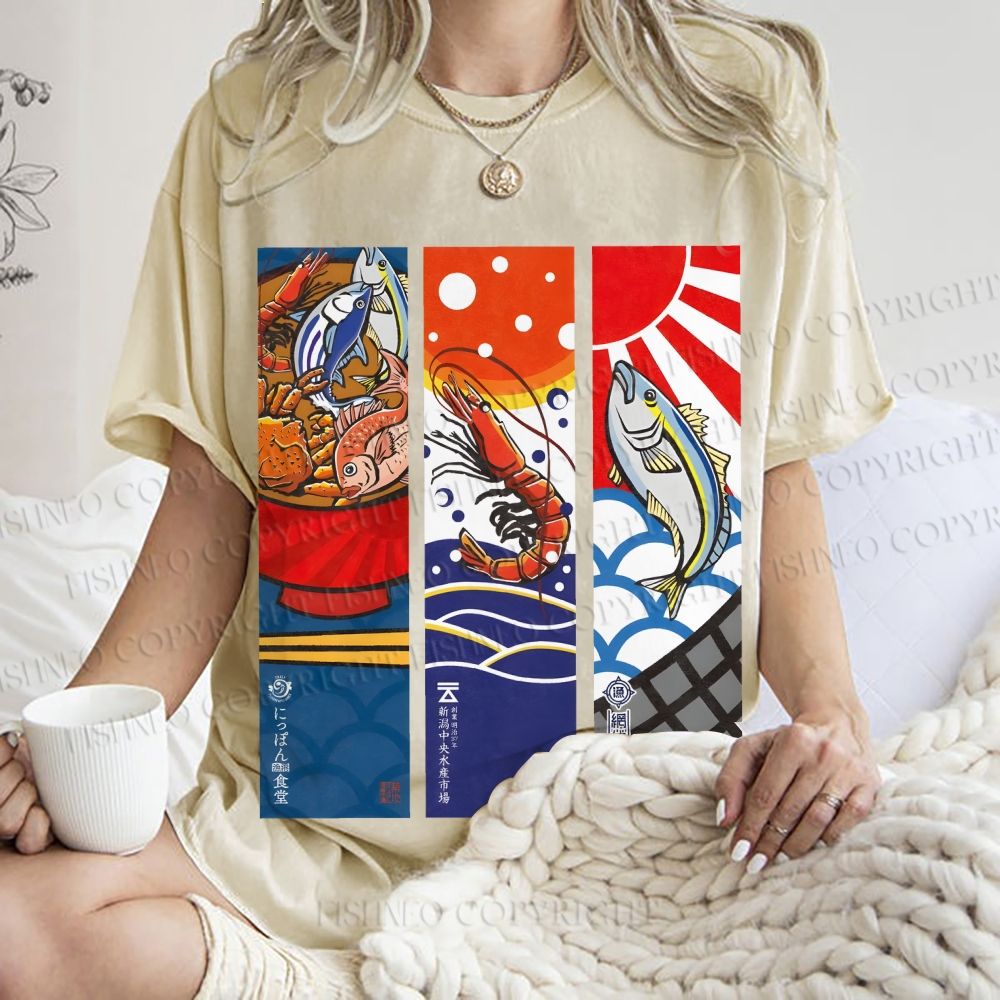 Unisex Vintage Fish Lobster Crab In A Bowl Printed Washed Tee