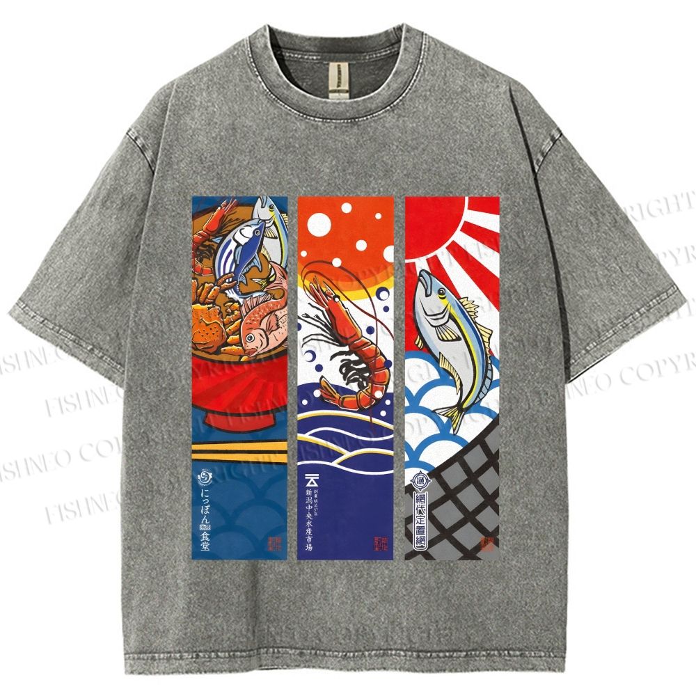 Unisex Vintage Fish Lobster Crab In A Bowl Printed Washed Tee
