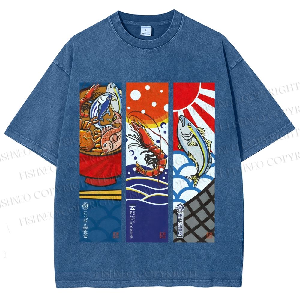 Unisex Vintage Fish Lobster Crab In A Bowl Printed Washed Tee