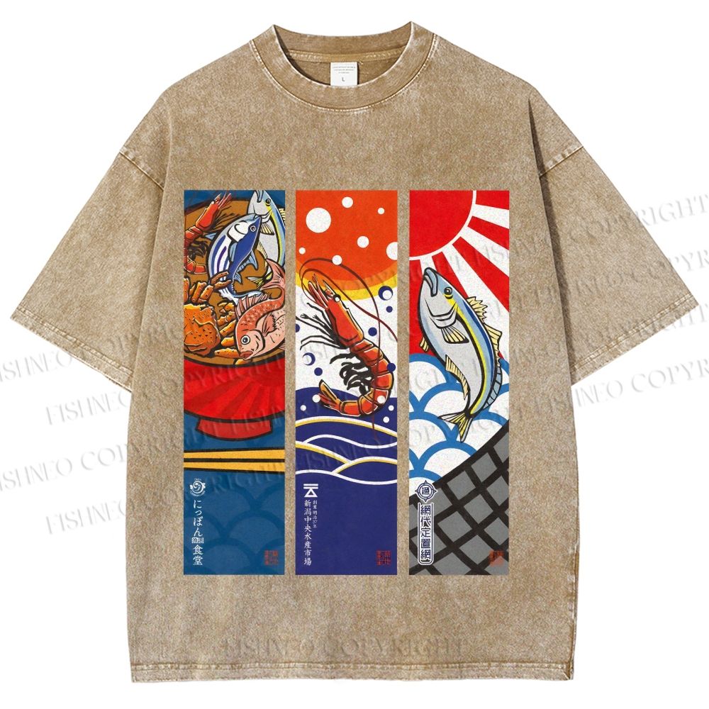 Unisex Vintage Fish Lobster Crab In A Bowl Printed Washed Tee