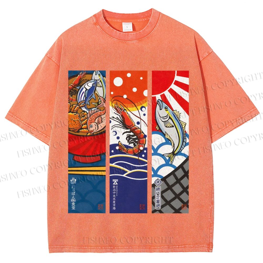 Unisex Vintage Fish Lobster Crab In A Bowl Printed Washed Tee
