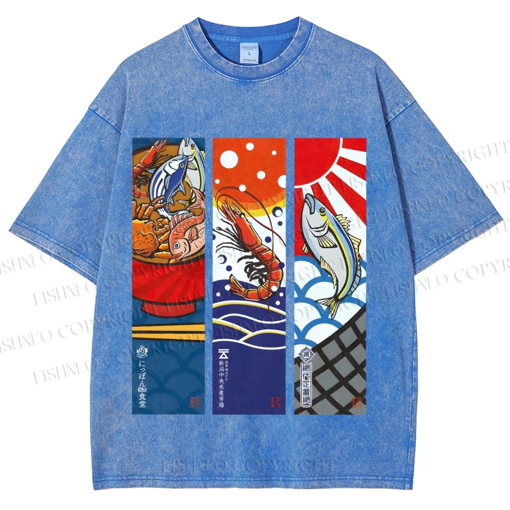 Unisex Vintage Fish Lobster Crab In A Bowl Printed Washed Tee
