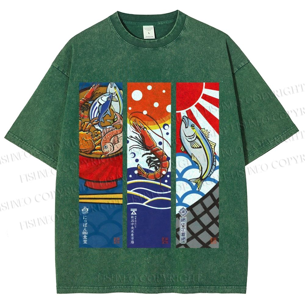 Unisex Vintage Fish Lobster Crab In A Bowl Printed Washed Tee