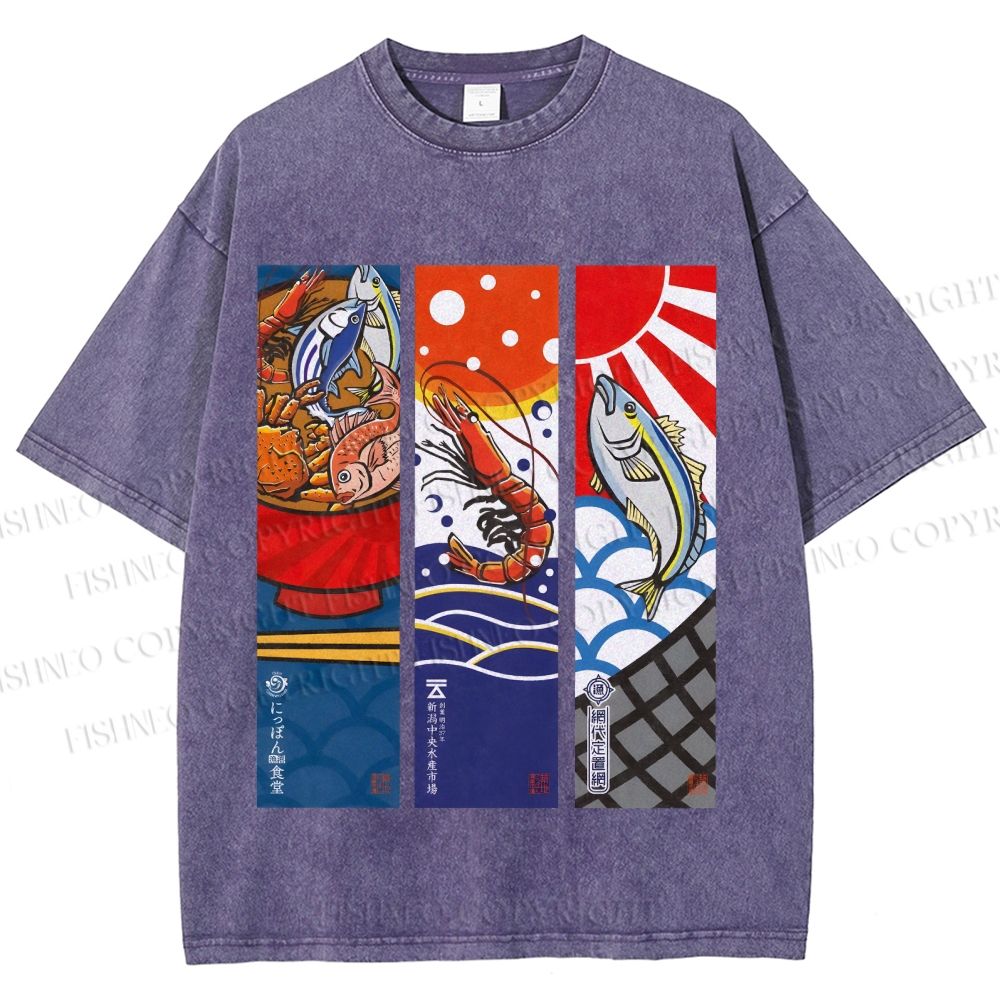 Unisex Vintage Fish Lobster Crab In A Bowl Printed Washed Tee