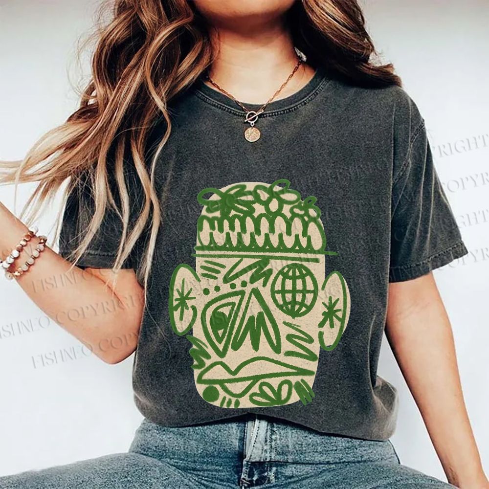 Unisex Human Face Graffiti Printed Washed Tee