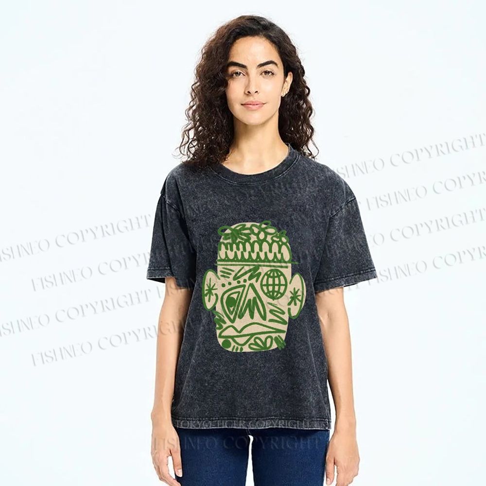 Unisex Human Face Graffiti Printed Washed Tee