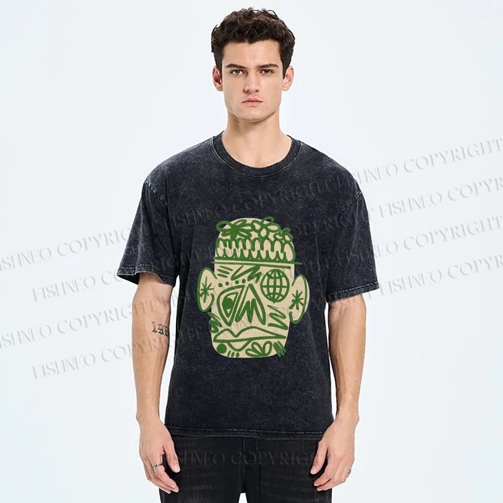 Unisex Human Face Graffiti Printed Washed Tee