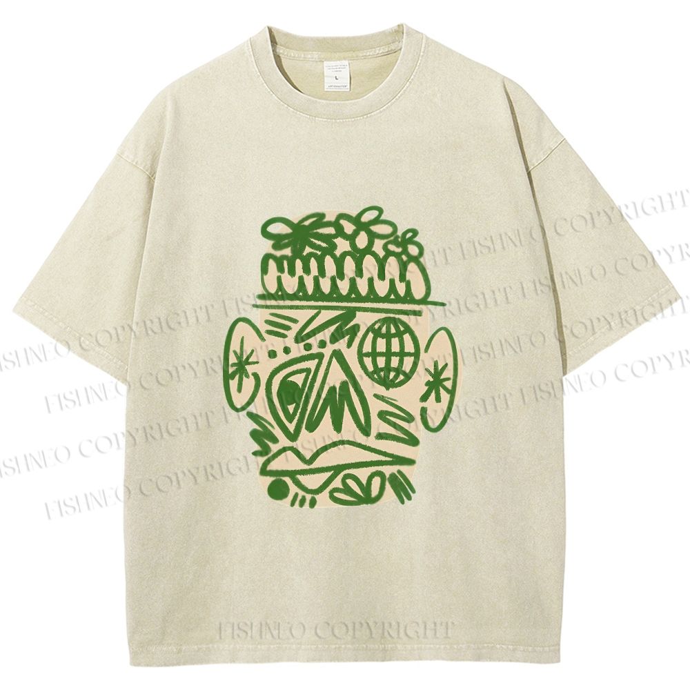 Unisex Human Face Graffiti Printed Washed Tee