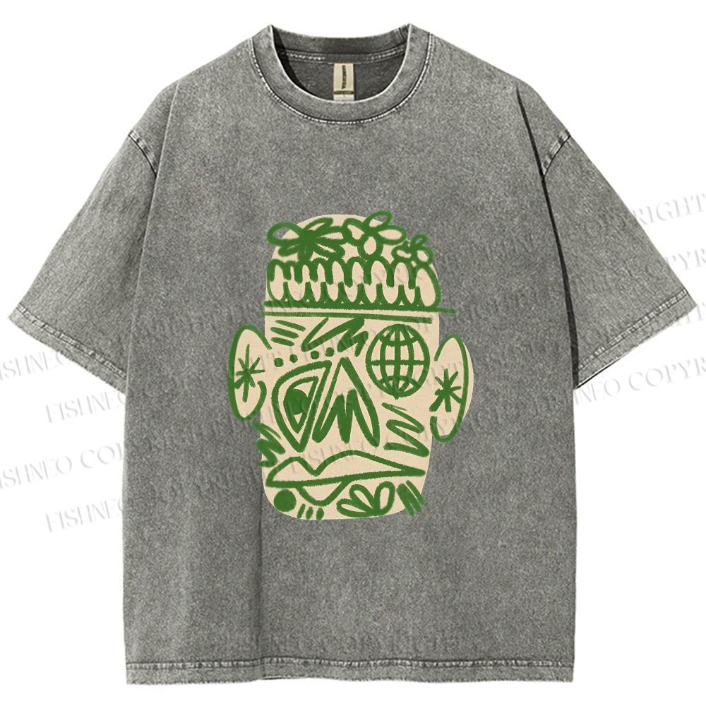 Unisex Human Face Graffiti Printed Washed Tee