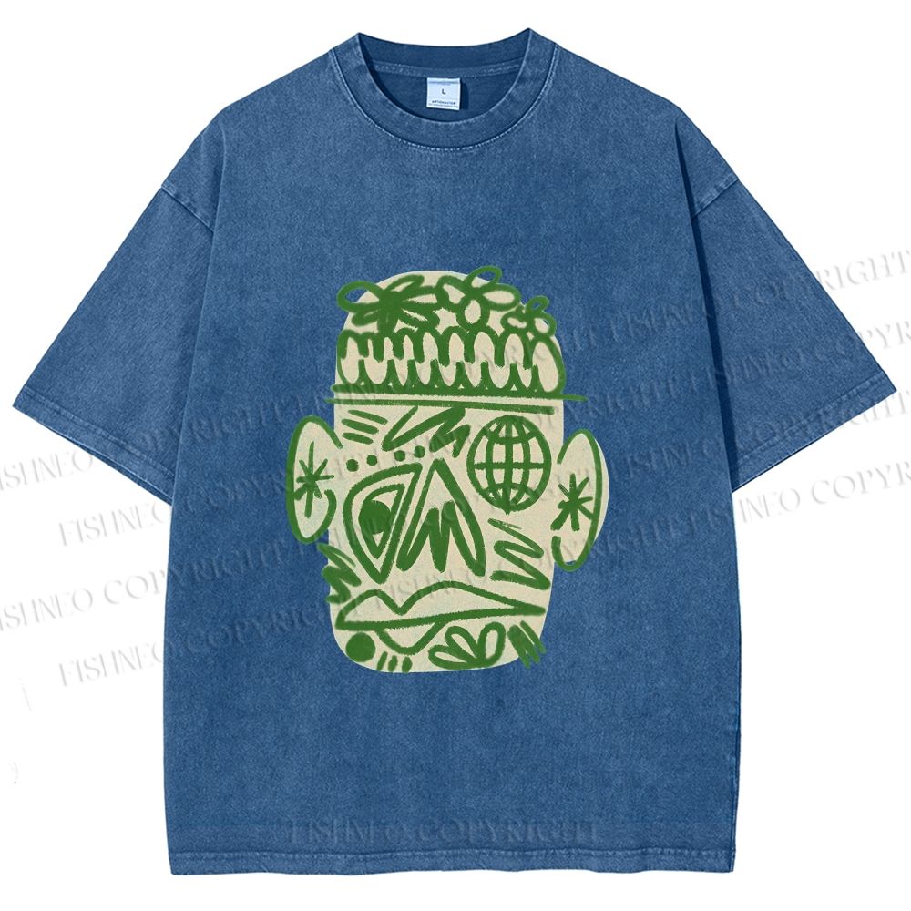 Unisex Human Face Graffiti Printed Washed Tee