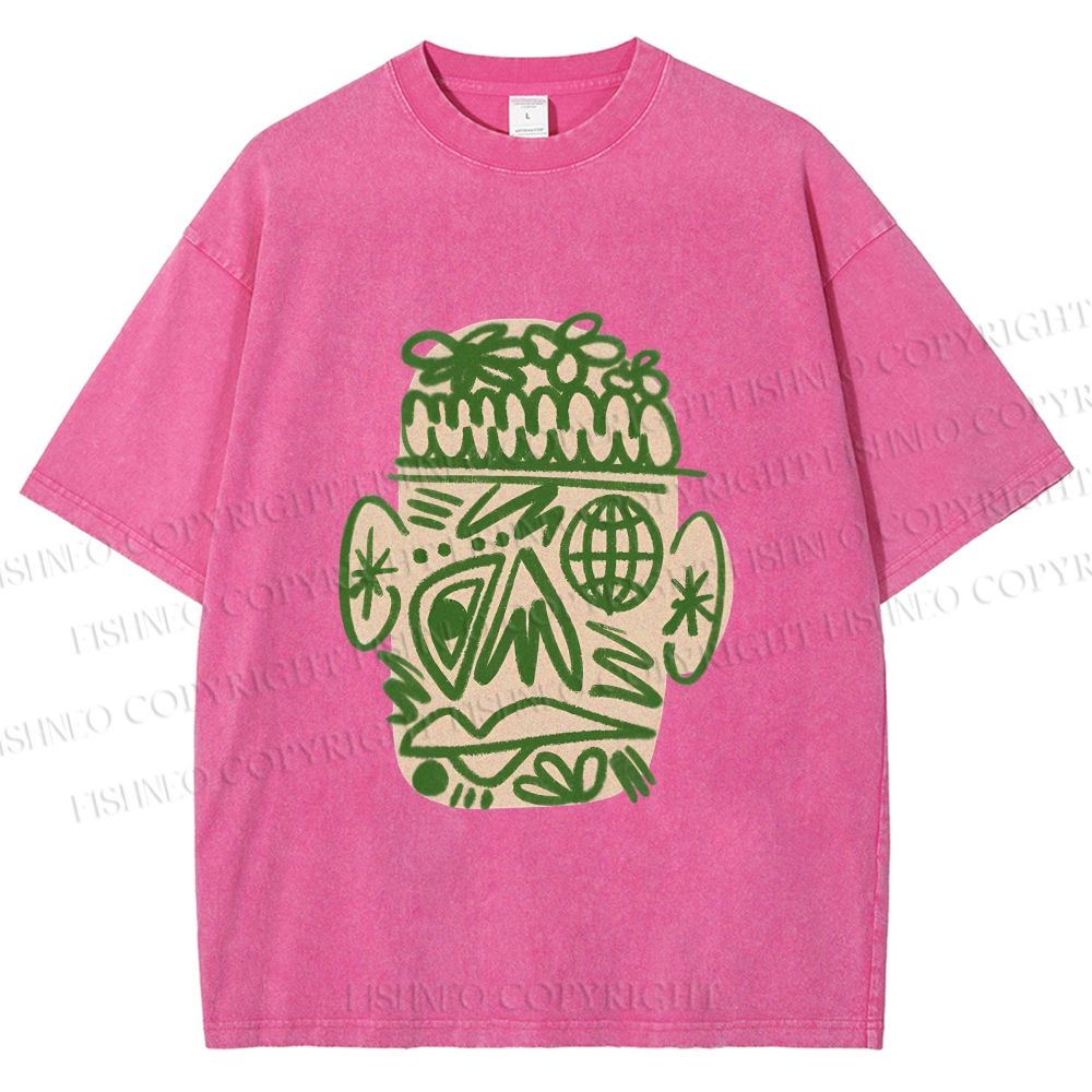 Unisex Human Face Graffiti Printed Washed Tee