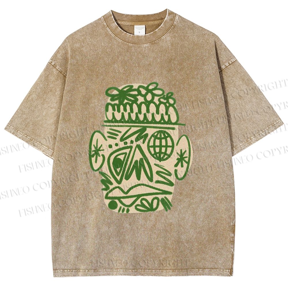 Unisex Human Face Graffiti Printed Washed Tee