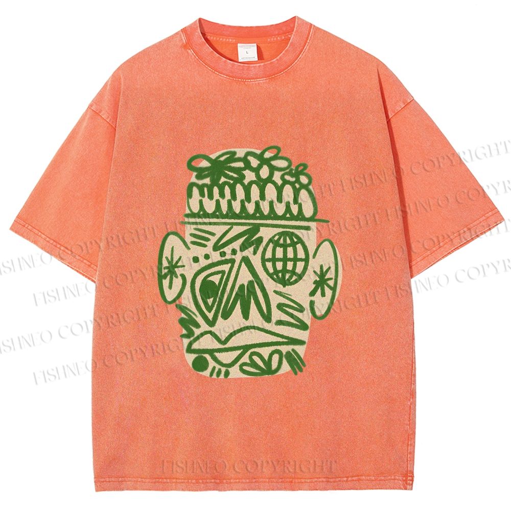 Unisex Human Face Graffiti Printed Washed Tee