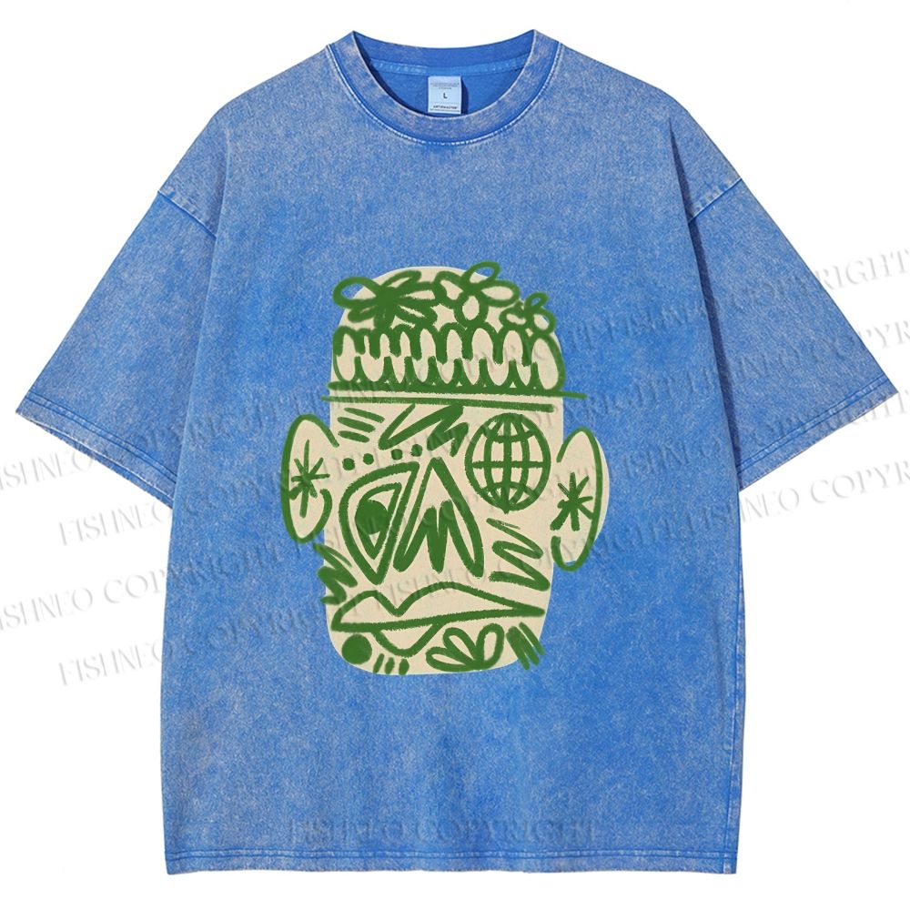 Unisex Human Face Graffiti Printed Washed Tee