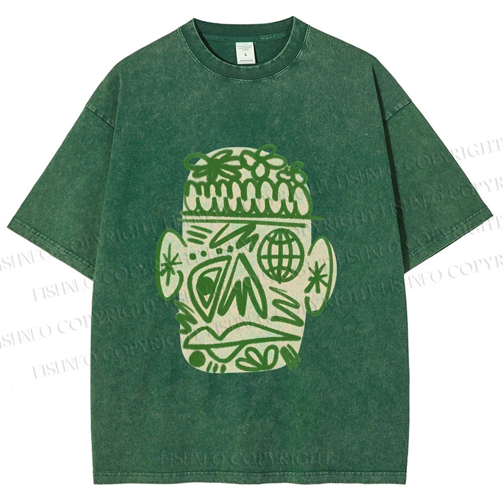 Unisex Human Face Graffiti Printed Washed Tee