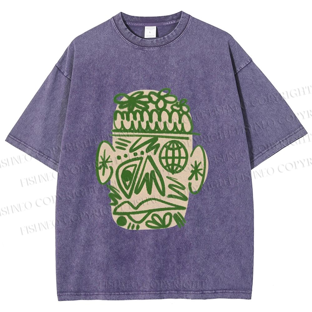 Unisex Human Face Graffiti Printed Washed Tee