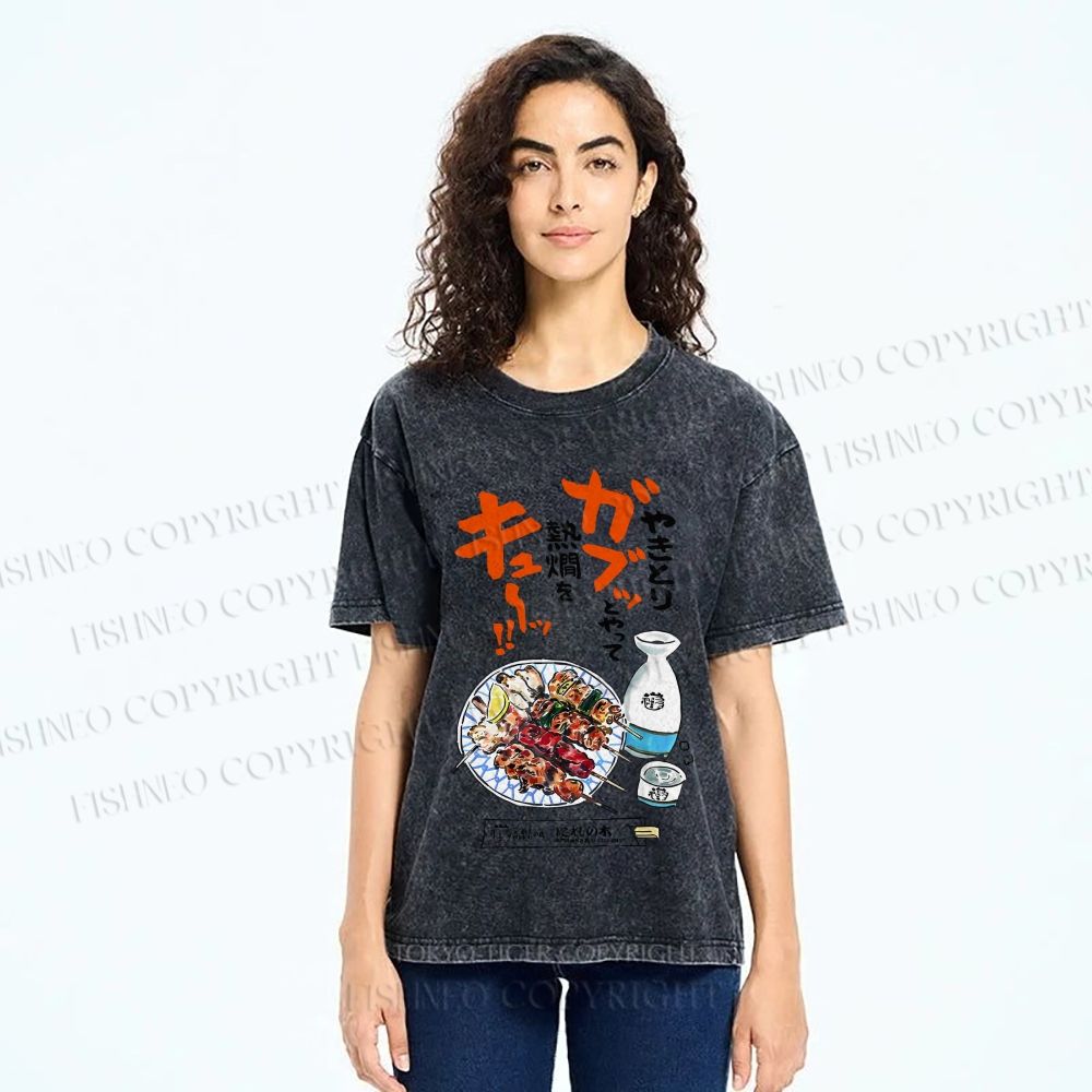 Unisex Japanese Vintage Food Graffiti Printed Washed Tee