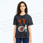 Unisex Japanese Vintage Food Graffiti Printed Washed Tee