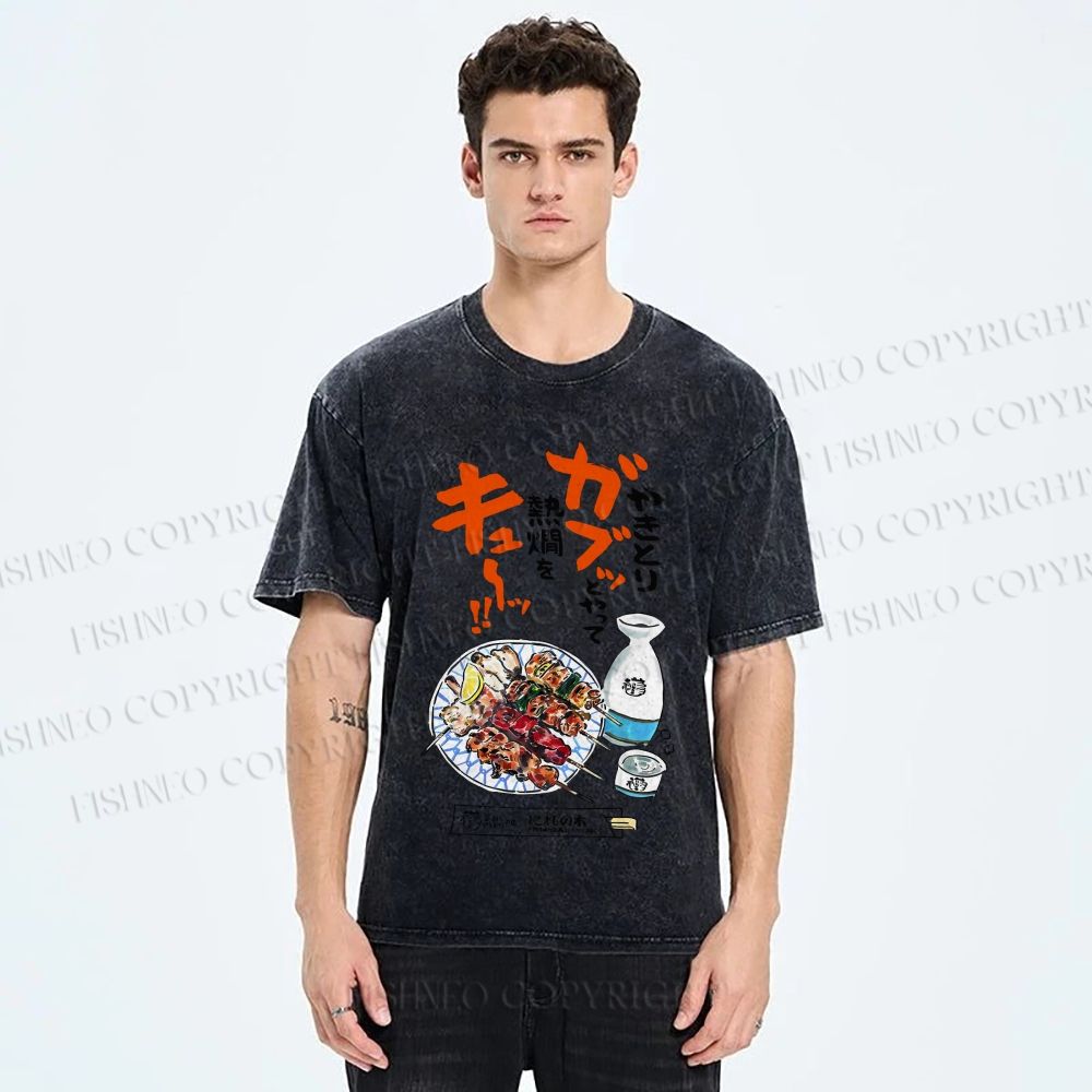 Unisex Japanese Vintage Food Graffiti Printed Washed Tee