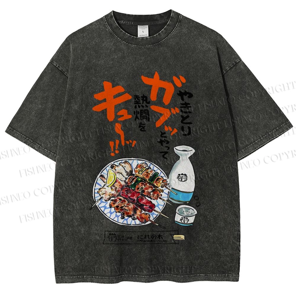 Unisex Japanese Vintage Food Graffiti Printed Washed Tee