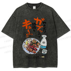 Unisex Japanese Vintage Food Graffiti Printed Washed Tee