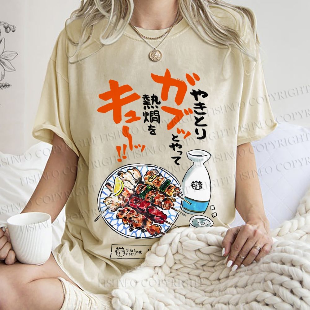 Unisex Japanese Vintage Food Graffiti Printed Washed Tee