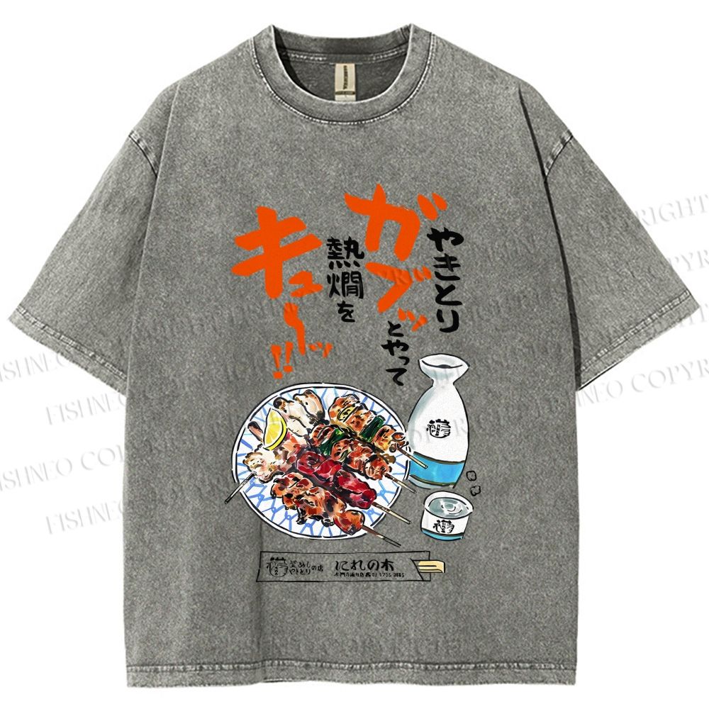 Unisex Japanese Vintage Food Graffiti Printed Washed Tee
