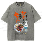 Unisex Japanese Vintage Food Graffiti Printed Washed Tee