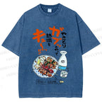 Unisex Japanese Vintage Food Graffiti Printed Washed Tee
