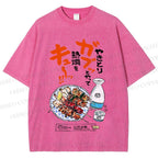 Unisex Japanese Vintage Food Graffiti Printed Washed Tee