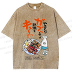 Unisex Japanese Vintage Food Graffiti Printed Washed Tee
