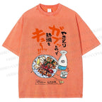 Unisex Japanese Vintage Food Graffiti Printed Washed Tee