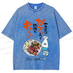 Unisex Japanese Vintage Food Graffiti Printed Washed Tee