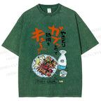 Unisex Japanese Vintage Food Graffiti Printed Washed Tee