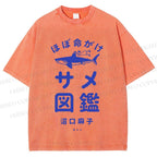 Unisex Vintage Japanese Shark Printed Washed Tee