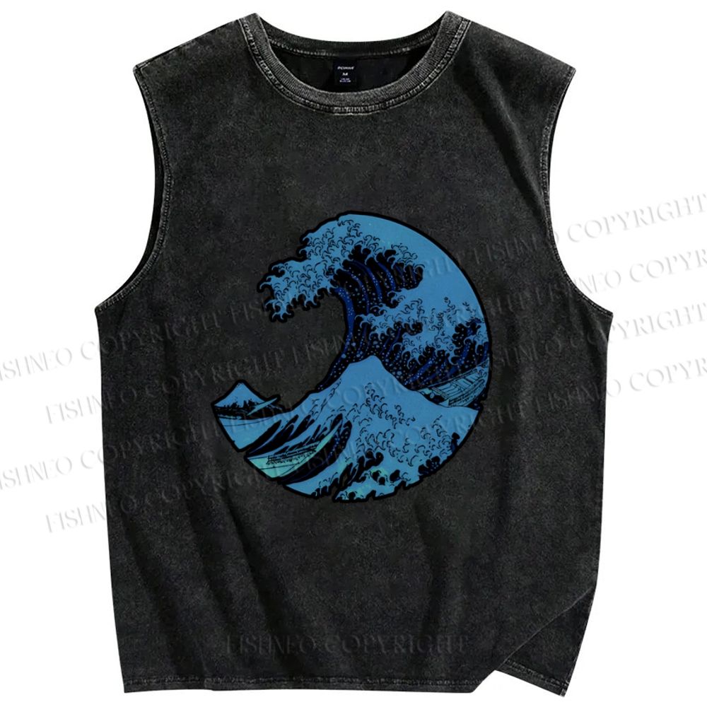 Unisex Japanese Art Wave Printed Washed Tank Top