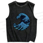 Unisex Japanese Art Wave Printed Washed Tank Top
