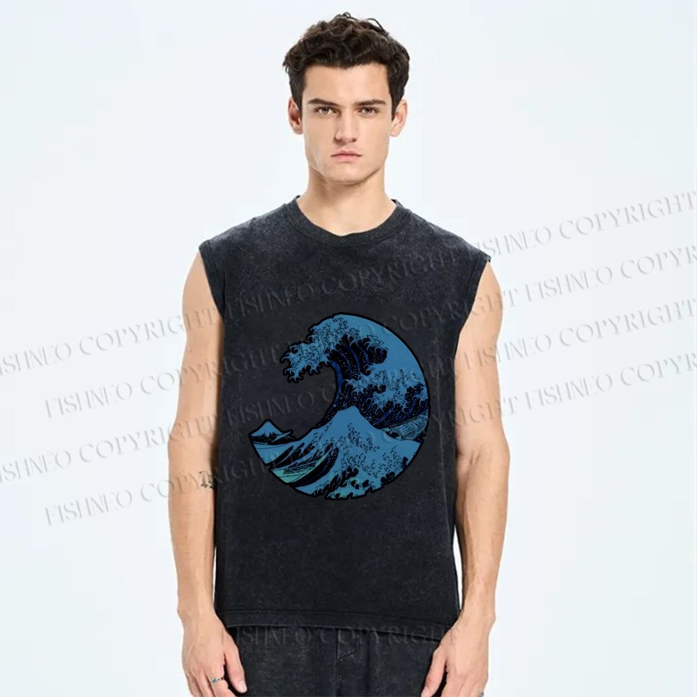 Unisex Japanese Art Wave Printed Washed Tank Top