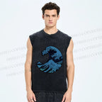 Unisex Japanese Art Wave Printed Washed Tank Top