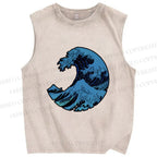 Unisex Japanese Art Wave Printed Washed Tank Top