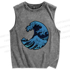 Unisex Japanese Art Wave Printed Washed Tank Top
