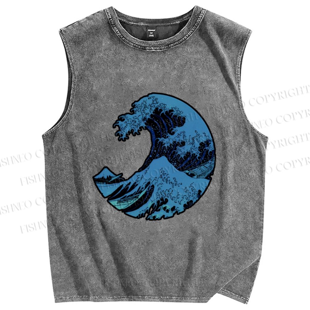 Unisex Japanese Art Wave Printed Washed Tank Top