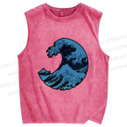Unisex Japanese Art Wave Printed Washed Tank Top