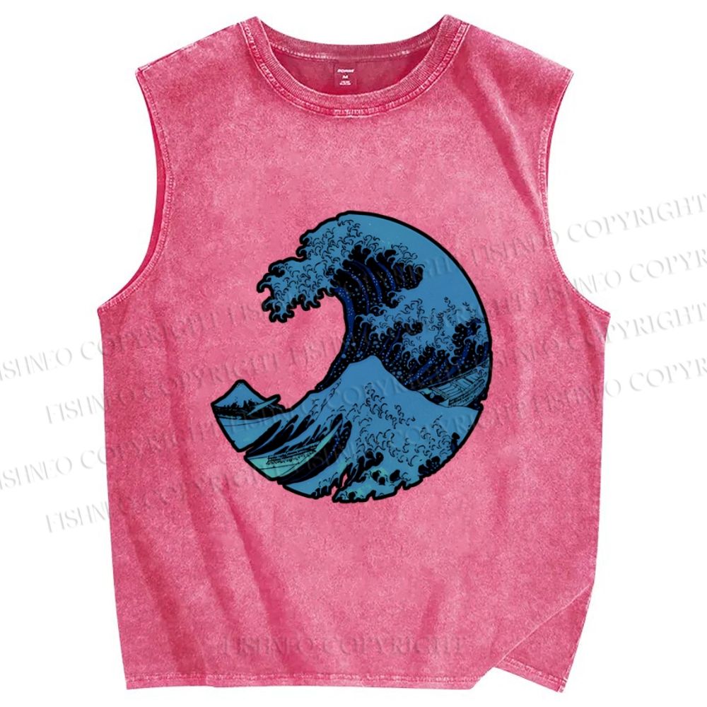 Unisex Japanese Art Wave Printed Washed Tank Top