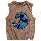 Unisex Japanese Art Wave Printed Washed Tank Top