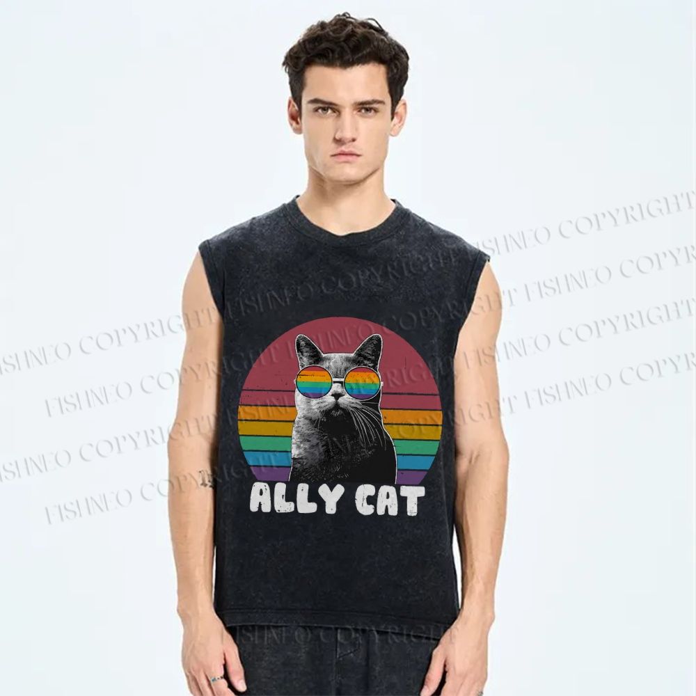 Unisex Pride Ally Cat Vintage Printed Washed Tank Top